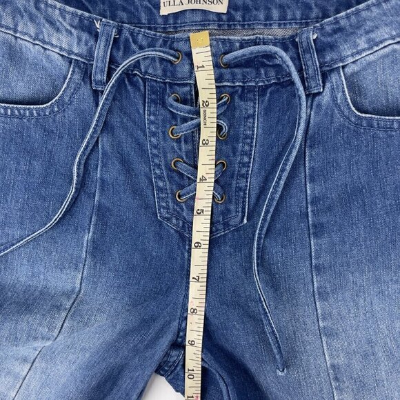ULLA JOHNSON Alex Jeans medium wash Mid Rise Waist Lace up cropped sz 2 - Picture 9 of 12